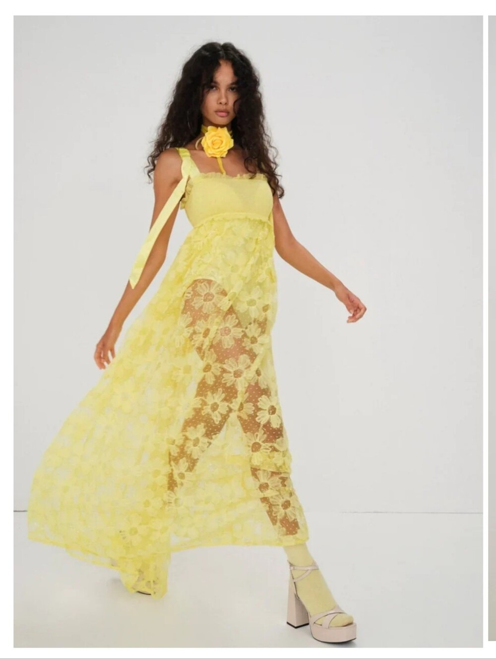 For Love And Lemons Emma Maxi Yellow Floral Daisy Dress with Ribbon Straps